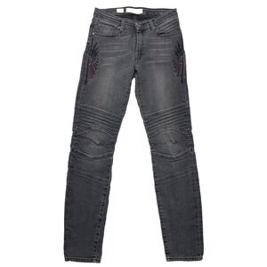 Miss Me Vintage Skinny Moto Jeans Embroidery Faded Black Size 29 Native Tribal